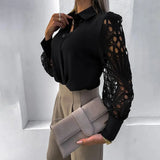 Lace Patchwork Shirt Top Woman Spring Summer Casual Long Sleeve Shirts For Women 2023 Vintage Hollow Out Button Blouses-Outfit