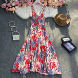 New Summer Fashion V-neck sleeveless off shoulder Dress high waist pleated waist print mid-length A-line