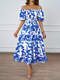 Elegant Printing Shoulder Bubble Sleeve Fashion Dress In