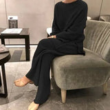 2022 Autumn Winter 2 Pieces Women Sets Knitted Tracksuit O-Neck Split Sweater and Wide Leg Jogging Pants Pullover