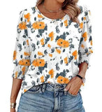 Color Women's Clothing 2025 Autumn Loose Leisure Printing Seven-Sleeve Round-Neck T-Shirt