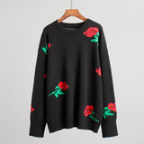 Neck Rose Sweater 2024 Autumn Winter New Female Versatile Loose Color Rose Round Neck Sweater-Outfit