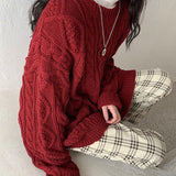 Winter Women Red Pullovers Loose Vintage Twist Jumpers Long Sleeve Knit Outwear Tops Korean Preppy Style O-neck Sweaters 1028-1-Outfit