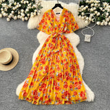 Summer Dress New Female High-End Feel Strapped Belt V Collar Horn Sleeves Thin Temperament Print Chiffon