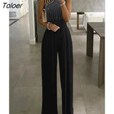 Summer Jumpsuits Rhinestone Cutout Ruched Wide Leg Playsuit Sexy Sleeveless Loose Pants Bodysuit Elegant Long