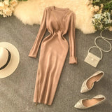 2022 Zipper Autumn Dresses Winter Bodycon Knitted Sweater Midi Pencil Dress Party Knee Length Women Casual Office