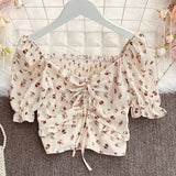 New Summer Fashion All-match V-neck puff sleeve print Shirt drawstring ruched lace up Shirt