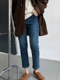 Women's Slim Winter Fleece Lined Thickened High Waist Jeans Patchwork Pocket Warm Fit Skinny Pants