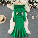 Neck Solid Sexy Sweater Dress 2022 Women Mermaid Long Sleeve Maxi Long Dress Autumn Streetwear Knitted Bodycon