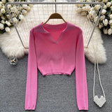 Autumn Knitted Women Short T Shirt Lapel V Neck Slim Long Sleeve Sweater Top Fashion Streerwear Short Solid