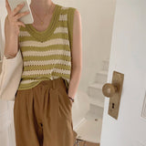 Summer Women Hollow Out Camis Korean Fashion Striped Knitted Tanks Casual Female All Match Sleeveless Tops New-Outfit