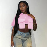 Women's Summer New Fashion Wear Round Neck Short Sleeves Pocket Ultra-Short T-Shirt