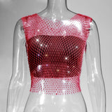 Toloer Nightclub Dresses Fishnet Hollow Out Rhinestone Vest Mesh Flash Diamond Sling Top
