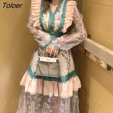 Fashion Vintage Embroidery Dress Female V-neck Long Sleeve High Waist Bodycon Green Mesh Patchwork Elegant Dresses