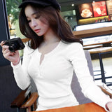 Toloer 2024 Buttons And Thread Solid Color Long Sleeve T-Shirt Women's Slim Korean New Top Bottom Shirt Outside The