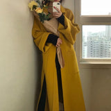 Aachoae Elegant Solid Long Wool Coat Women Batwing Long Sleeve Loose Drop Shoulder Pocket Coat Split Hem Chic Stylish