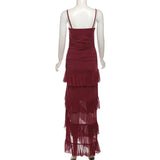 Burgundy Mesh Ruffle Strap Maxi Dress-Outfit