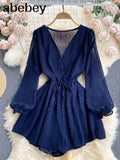 Women Dot Chiffon Rompers Long Sleeve V Neck Casual Loose Overalls Jumpsuits Summer Korean Wide Leg Beach