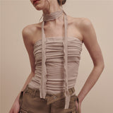 Toloer 2024 New Women's Solid Color Slim Fashion One Word Collar Pleated Sexy Show Back Vest-Outfit