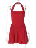 Halter Neck Sleeveless Pleated Mini Dress-Outfit
