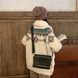 Women Christmas Jackets Knitting Lamb Wool Turn-down Collar Thickened Warm Sweater Cardigan Warm Loose