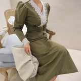 Vintage Party Midi Dress Long Sleeve Lace Collar Solid Casual Elegant Dress 2022 Spring New Fashion