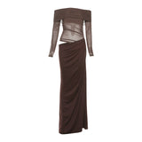 2025 New Women's Temperament Sexy Shoulder Mesh Perspective Long Dress Dress