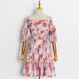 Casual Print Colorblock Dress For Women Slash Neck Puff Sleeve Patchwork Belt Fold Pleated Dresses Female 2022