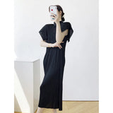 Folding Polo Collar Dress Women Loose Thin Fashion High Elegant Temperament Long