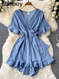 Summer New Korean Rompers Women Flared Sleeve Solid Ruffle Wide Leg Short Jumpsuits Casual Vacation Beach