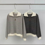 Lapel Sweater Women's Thin Autumn Coat Striped Long-Sleeved Shirt Minority Zipper Polo Shirt Trend In 2023-Outfit