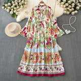 Light Extravagant Temperament Horn Long Sleeved V Collar Loose Thin Single Breasted Printed Dress Elegant Long Skirt-Outfit