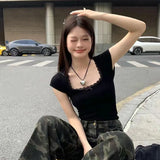 Lace Patchwork Crop T-shirt Women Vintage Streetwear Sexy Slim U Neck Tops Female Harajuku Korean Bow Chic Bottoming Tees-Outfit