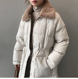 Faux rabbit fur collar women's winter down jacket long drawstring slim zipper ladies chic coat loose oversize outwear