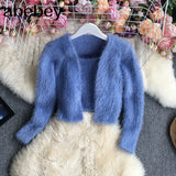 New Spring Autumn Fashion long sleeve buttonless knitted Cardigan short solid color fluffy Sweater Top with short