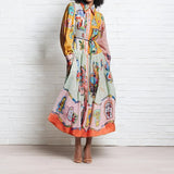 Women's Retro Printed Lantern Sleeves Waist Swing