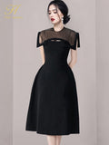 Han Queen Summer Dresses Womens Korean Retro O-Neck A-Line Black Vestidos Elegant Fashion Slim Midi Office Party Casual Dress-Outfit