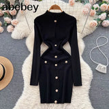 Women's Casual Turtleneck Long Sleeve Bodycon Hollow Out Buttons Mini Bandage Dress Elegant Party Street