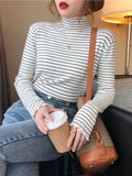 Toloer Half High Collar Striped Long Sleeve T-Shirt Bottom Shirt Women's New Autumn Ins Slim Wood Ear Inside The