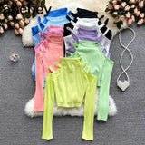 Women Korean Knitted Blouse Design Hollow Off Shoulder Long Sleeve Slim Tops Autumn Fashion Streetwear Short
