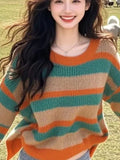 Toloer Retro Stripes Loose Lazy Sweater Knitted Women's 2025 New Winter Korean Wear Top