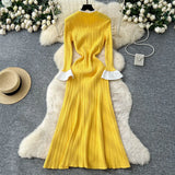 Small Fragrant Wind Bumpy Round Collar Horn Sleeve Single Buckle Waist Knitted Dress Women Autumn Body Sweater