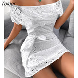 Summer Solid Off Shoulder Broderie Lace Mini White Mini Dress Skinny Bodycon With Sashes