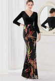 Winter Elegant Velvet With Sequins Deep V Neck Long Sleeve Slit Cocktail Eevening