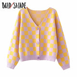 Bold Shade Checkboard Print Y2K Indie Cardigan Sweater Button Up Patchwork Knit V-neck Sweaters Autumn Winter Oversized