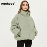 Aachoae Autumn Winter Women Fashion Thick Warm Padded Parkas Coats Female Long Sleeve Pockets Coat Chic Elegant Outerwear