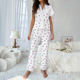 Gly Women's Pajamas Autumn And Winter Sexy V-Neck Lace Cherries Printed T-Shirts Trousers