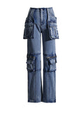 Toloer 2024 New Fashion High Street Design Sense Pocket Stitching Tooling Wind High Waist Straight Tube Denim Warehouse Pants Women-Outfit