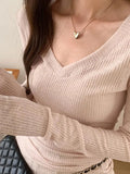 Ribbed V Neck Slim Long Sleeve Knit-Outfit