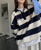 Vintage Polo Collar Striped Oversized Tee-Outfit